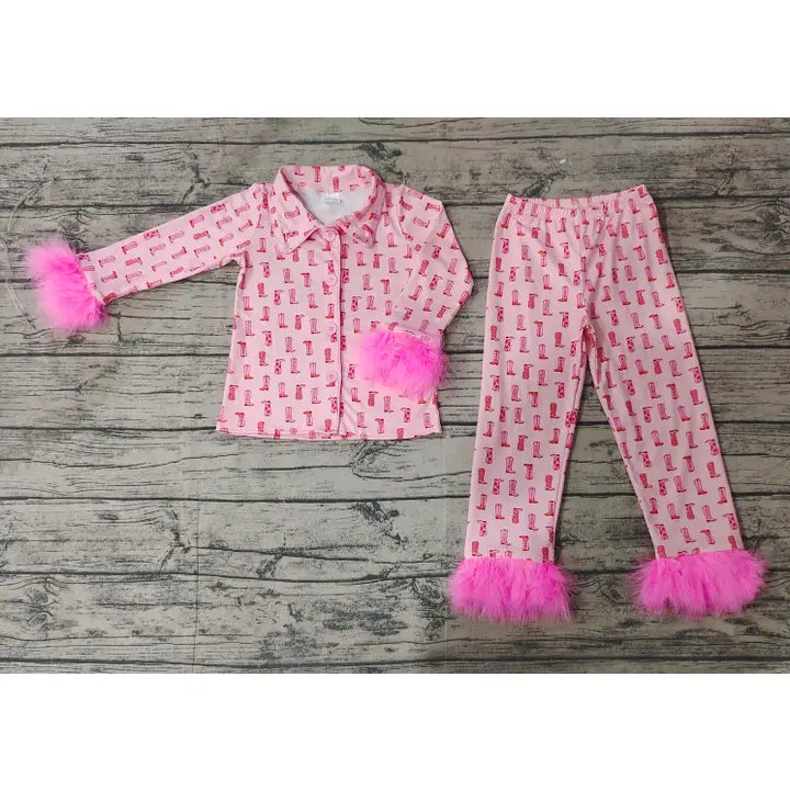 Baby Girls Western Pink Boots Fur Top Pants Pajamas Clothes Sets