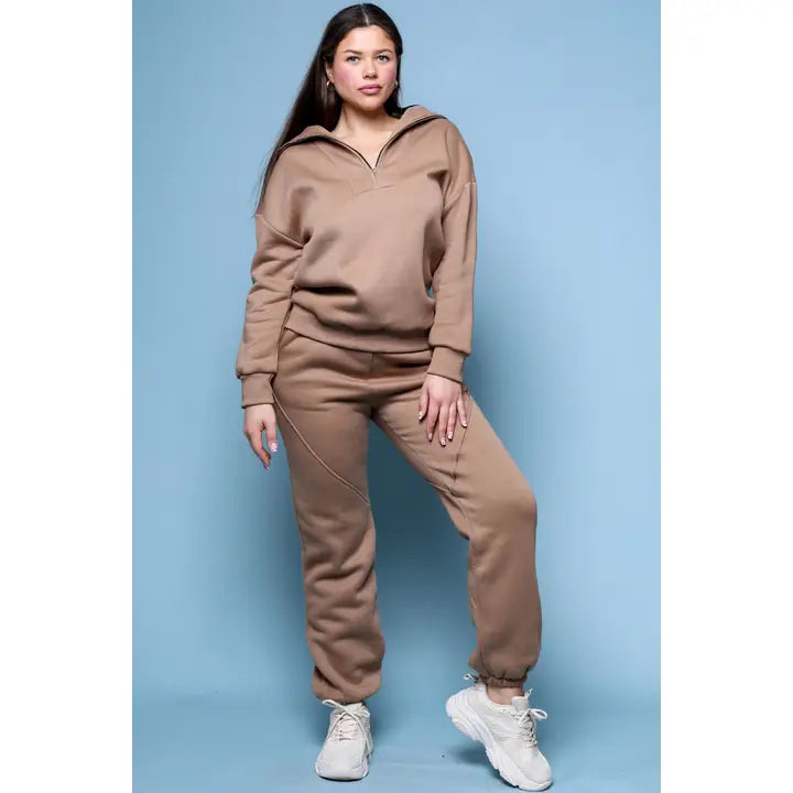 Stand Collar Zipper Design Top Piping Pants Set