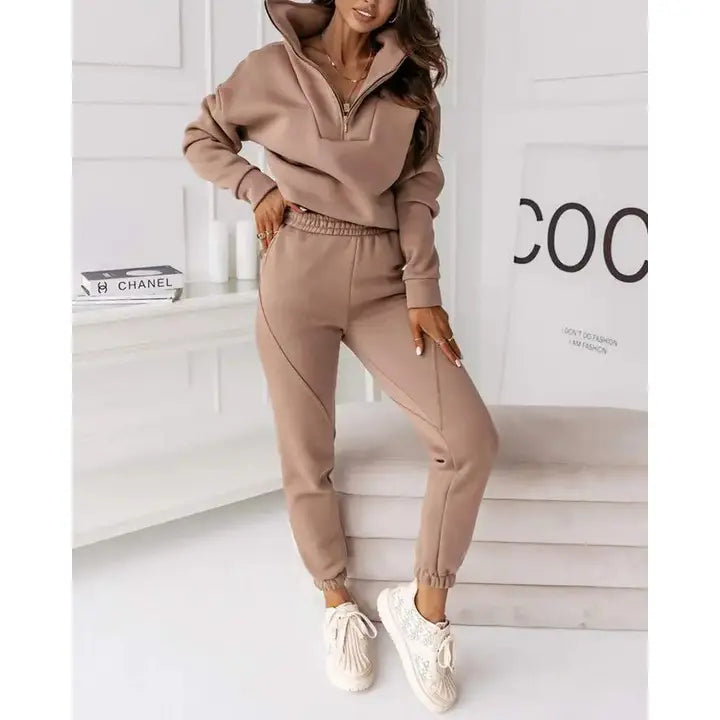 Stand Collar Zipper Design Top Piping Pants Set