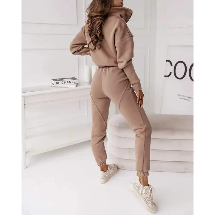 Stand Collar Zipper Design Top Piping Pants Set