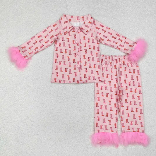 Baby Girls Western Pink Boots Fur Top Pants Pajamas Clothes Sets