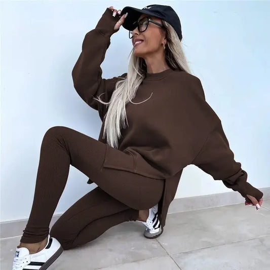 Solid Color Round Neck Slit Sweatshirt and Skinny Pants Set