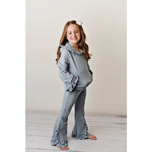 Kids Gray Hooded Ruffle Pocket Lounge Set