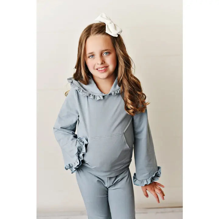 Kids Gray Hooded Ruffle Pocket Lounge Set